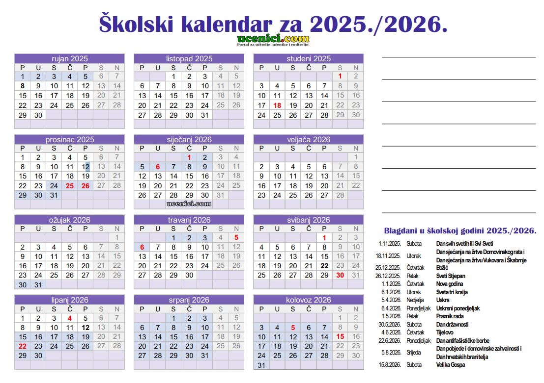 Školski kalendar 2025-2026